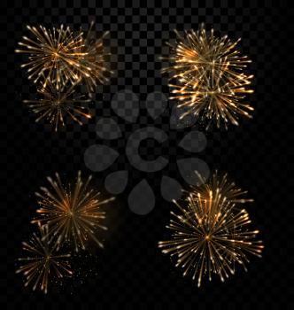 Illustration Festive Set Fireworks Salute on Transparent Background - Vector