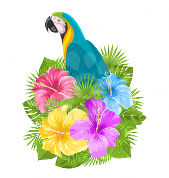 Illustration Parrot Ara, Colorful Hibiscus Flowers Blossom and Tropical Leaves, Isolated on White Background - Vector