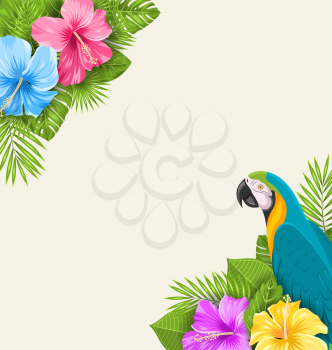 Illustration Summer Exotic Background with Parrot Ara, Hibiscus Flowers and Palm Leaves - Vector