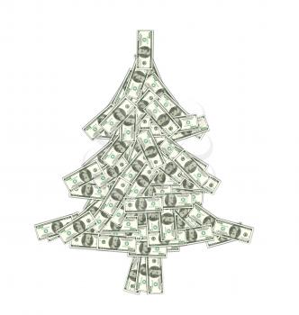 Illustration Christmas Concept - Pine Made of Banknotes of Dollars, Spruce Isolated on White Background - Vector