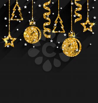 Illustration Merry Christmas Beautiful Card with Traditional Tinsel with Golden Dust Surface, Dark Glitter Background - Vector