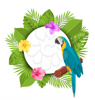 Illustration Beautiful Card with Parrot Ara, Colorful Flowers Blossom and Tropical Leaves - Vector