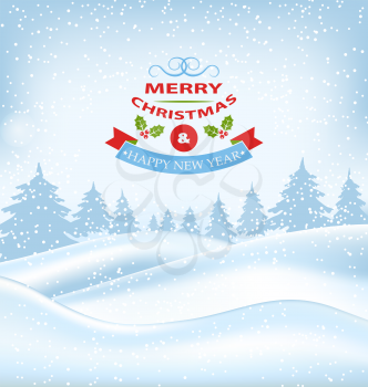 Illustration Christmas Winter Card for Merry Christmas and Happy New Year, Nature Landscape - Vector
