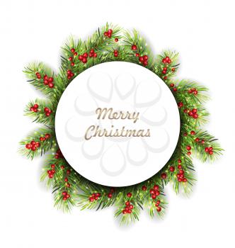 Illustration Natural Winter Frame Made in Fir Twigs and Berries, Christmas Decoration on White Background - Vector