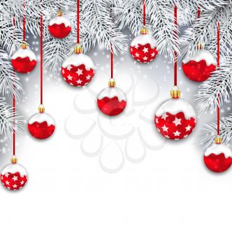 Illustration Holiday Snowing Background with Silver Fir Branches and Red Christmas Balls - Vector