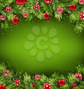 Illustration Christmas Banner with Fir Sprigs and Glass Balls, Holiday Green Background - Vector