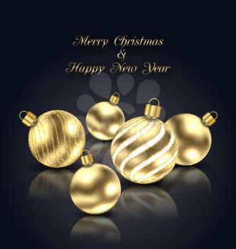Illustration Christmas Golden Balls with Reflection on Black Background - Vector