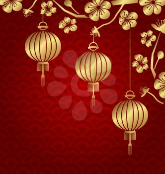 Illustration Japanese or Chinese Golden Background with Lanterns and Sakura - Vector