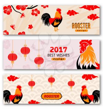 Illustration Collection Banners with Chinese New Year Roosters, Blossom Sakura Flowers, Lanterns. Templates for Design Greeting Cards, Invitations, Flyers etc. - Vector