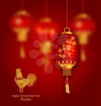 Illustration Blurred Background with Red Lanterns and Rooster as Symbol Chinese New Year - Vector