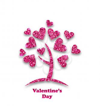 Illustration Concept of Tree with Shimmering Heart Leaves for Valentines Day. Glitter Postcard - Vector
