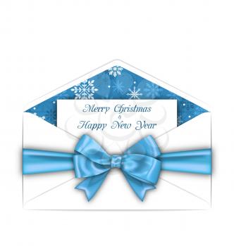 Illustration Envelope with Greeting Card and Blue Bow Ribbon for Merry Christmas. White Envelope Isolated on White Background - Vector