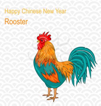 Illustration Postcard with Rooster as Symbol Chinese New Year 2017, Colorful Cartoon Cock, Hand Drawn Style - Vector