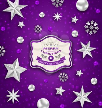 Illustration Purple Abstract Celebration Card with Silver Stars and Decoration for Merry Christmas - Vector