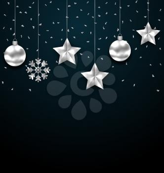 Illustration Christmas Dark Background with Silver Baubles, Greeting Luxury Banner - Vector