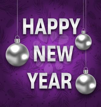 Illustration Happy New Year Card with Silver Balls on Purple Background. Greeting Postcard for Winter Holidays - Vector