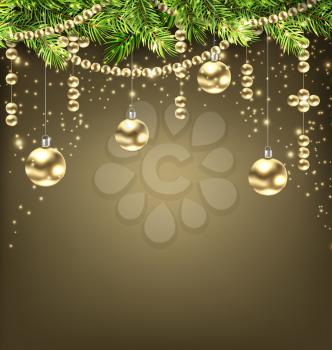 Illustration Shimmering Background with Fir Branches and Golden Christmas Balls - Vector