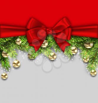 Illustration Christmas Holiday Background with Fir Twigs and Golden Glass Balls, Copy Space for Your Message - Vector
