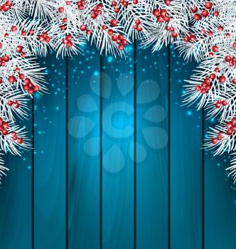 Illustration Christmas Wooden Background with Fir Tree Twigs, Glowing Banner for Happy New Year - Vector