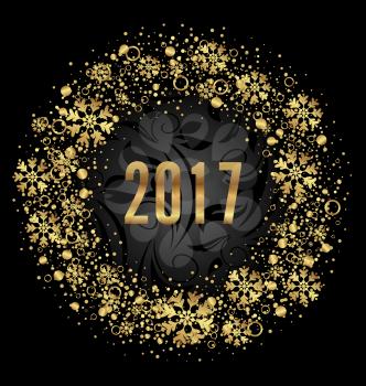 Illustration Cute Round Frame with Golden Snowflakes on Black Background for Happy New Year 2017 - Vector