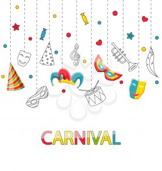 Illustration Greeting Festive Poster for Happy Carnival with Party Colorful Icons and Objects - Vector