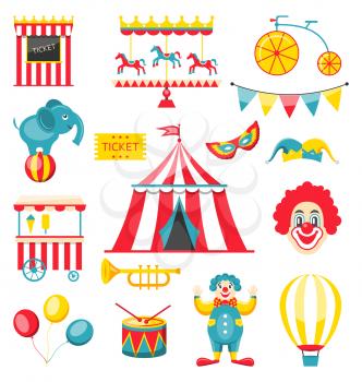 Illustration Collection Colorful Elements for Circus and Carnival, Set Objects Isolated on White Background - Vector