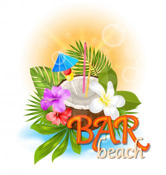 Illustration Beach Bar Background with Coconut Cocktail and Exotic Flowers and Leaves - Vector