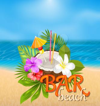 Illustration Coconut Cocktail in Summer With Garnish and Straw, Beach Bar Poster with Exotic Flowers and Leaves - Vector