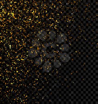 Gold glitter falling confetti on a dark checkered background. Golden grainy abstract texture - Vector