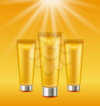 Illustration Set Sunscreen Bottles and Tubes of Lotions. Sun Protection Package with Spray Pump, Collection Sunblock - Vector