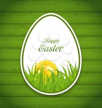 Illustration Easter Paper Sticker Egg on Green Wooden Background, Spring Grass with Sun - Vector