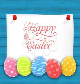 Illustration Greeting Paper Card with Easter Ornamental Eggs on Wooden Blue Background - Vector