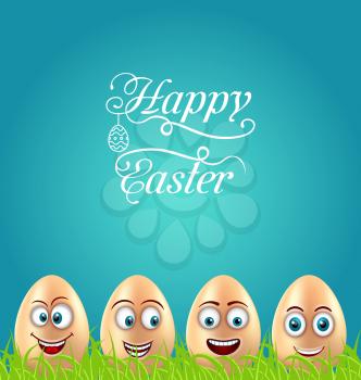 Illustration Humor Easter Card with Crazy Eggs on Grass Meadow, Greeting Nature Background - Vector
