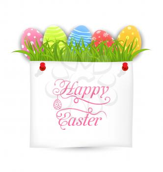 Illustration Celebration PostCard with Easter Ornamental Eggs with Green Grass - Vector