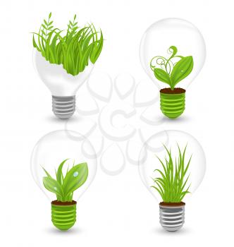 Illustration Set of Light Bulbs with Plant and Leaves Growing. Green Eco Energy Concept, Recycling Waste - Vector