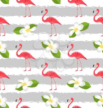Illustration Seamless Pattern with Plumeria Flowers and Pink Flamingo Birds, Exotic Background - Vector