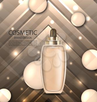 Illustration Glossy Cosmetic Bottle with Foundation, Advertising Background with Shiny Drops - Vector