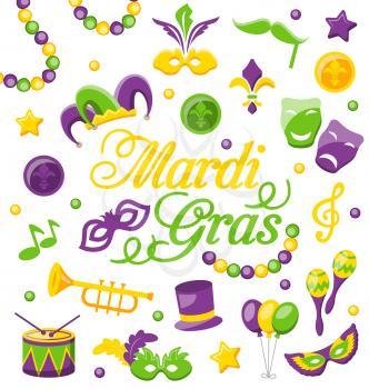Illustration Celebration Background with Set Mardi Gras and Carnival Icons and Objects - Vector