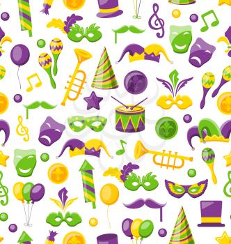 Illustration Seamless Texture with Set Carnival and Mardi Gras Icons and Objects, Fat Tuesday - Vector