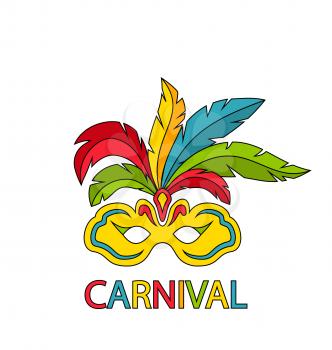 Illustration Carnival Mask with Colorful Feathers Isolated on White Background, Hand Drawn Style - Vector