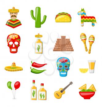 Illustration Set of Mexico Icons Isolated on White Background. Mexican Objects and Symbols - Vector