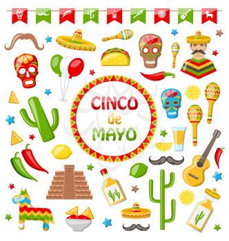 Illustration Collection of Mexican Icons Isolated on White Background. Objects and Symbols for Cinco de Mayo - Vector