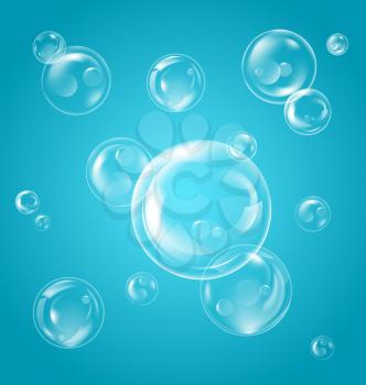 Illustration Realistic Transparent Soap Bubbles with Reflection on Blue Background - Vector