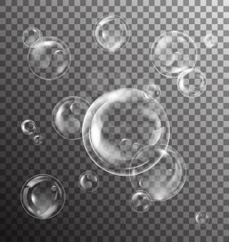 Illustration Realistic Transparent Soap Bubbles with Reflection on Checkered Background - Vector