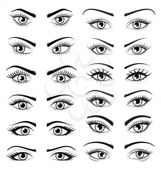 Illustration Set Open Beautiful Female Eyes Isolated on White Background, Outline, Hand Drawing Style - Vector
