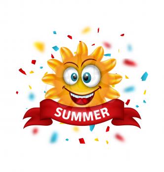 Illustration Summer Banner with Cartoon Smiling Sunny with Unfocused Confetti - Vector