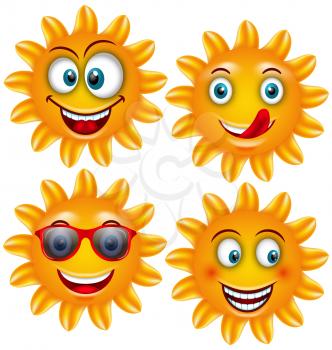 Illustration Set Smiling Sun Cartoon Characters. Positive Sunny Avatars Isolated On White Background - Vector
