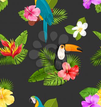 Illustration Seamless Pattern with Exotic Flowers and Birds. Jungle Texture - Vector