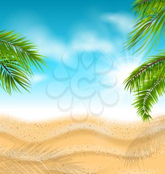 Illustration Tropical Beach with Sand, Sea, Palm Leaves, Sun, Sky, Clouds. Vacation, Paradise, Travel Background - Vector