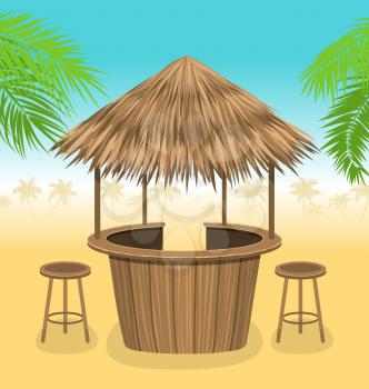 Illustration Beach Bar Thatch. Outdoor Background with Lounge Cafe. Summer Time. Vacation - Vector